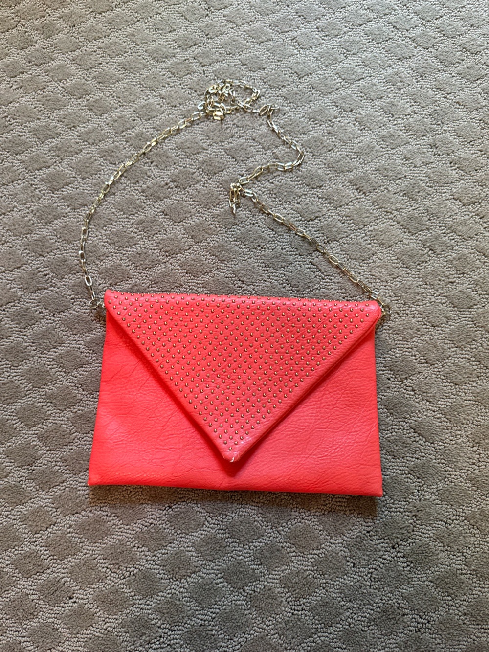 Studded Coral Envelope Clutch with Gold Chain